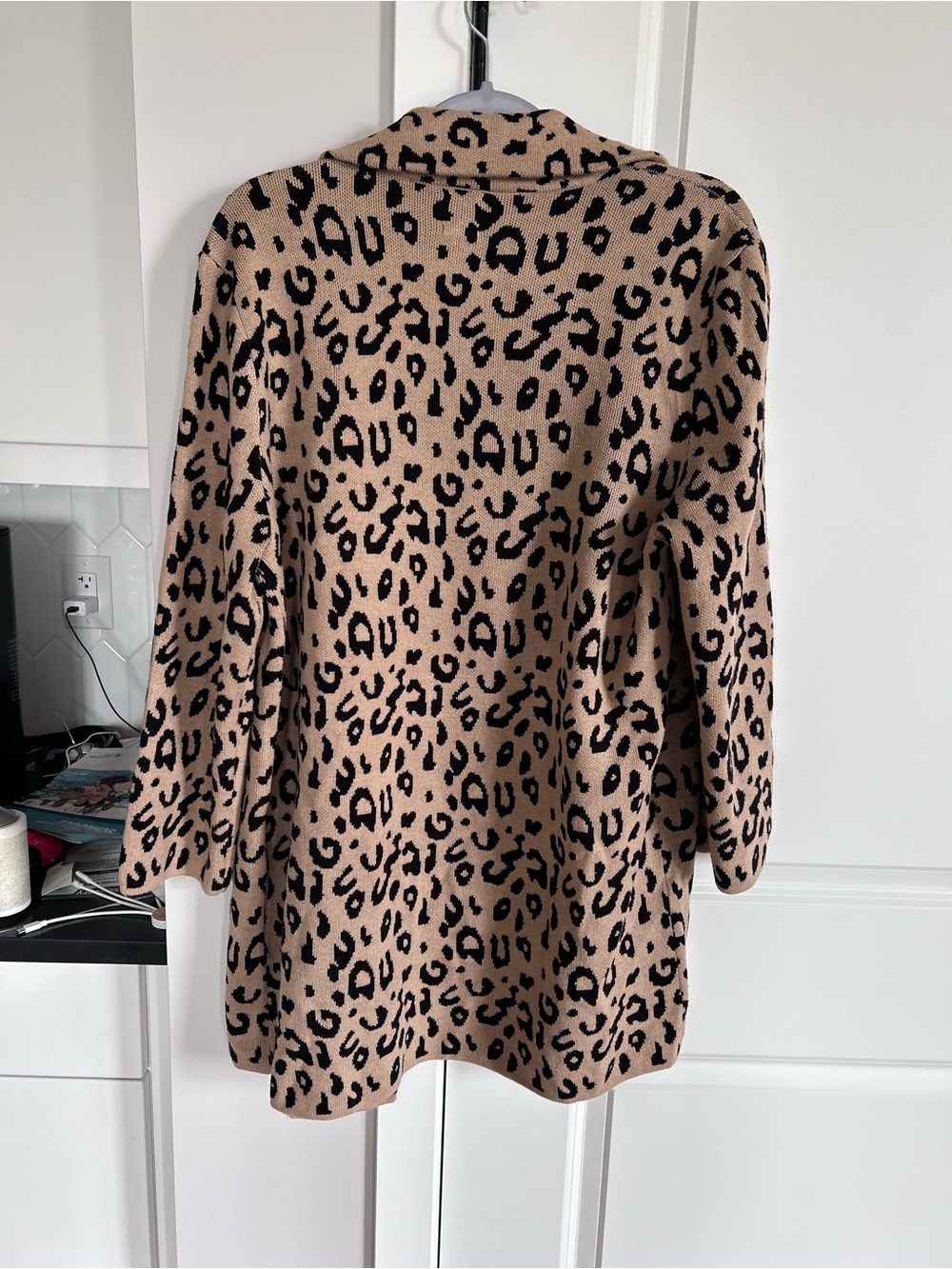 Anne Klein Tan Black Leopard Print Open Front Sweater Blazer Long Cardigan Layer - Picture 5 of 10